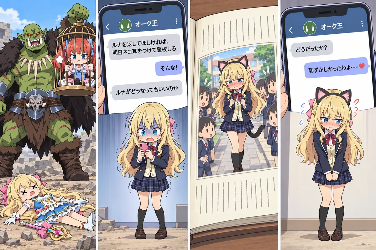 小説の登場人物とチャットし、その会話を短い小説にして、また話す往復の 4 コマ