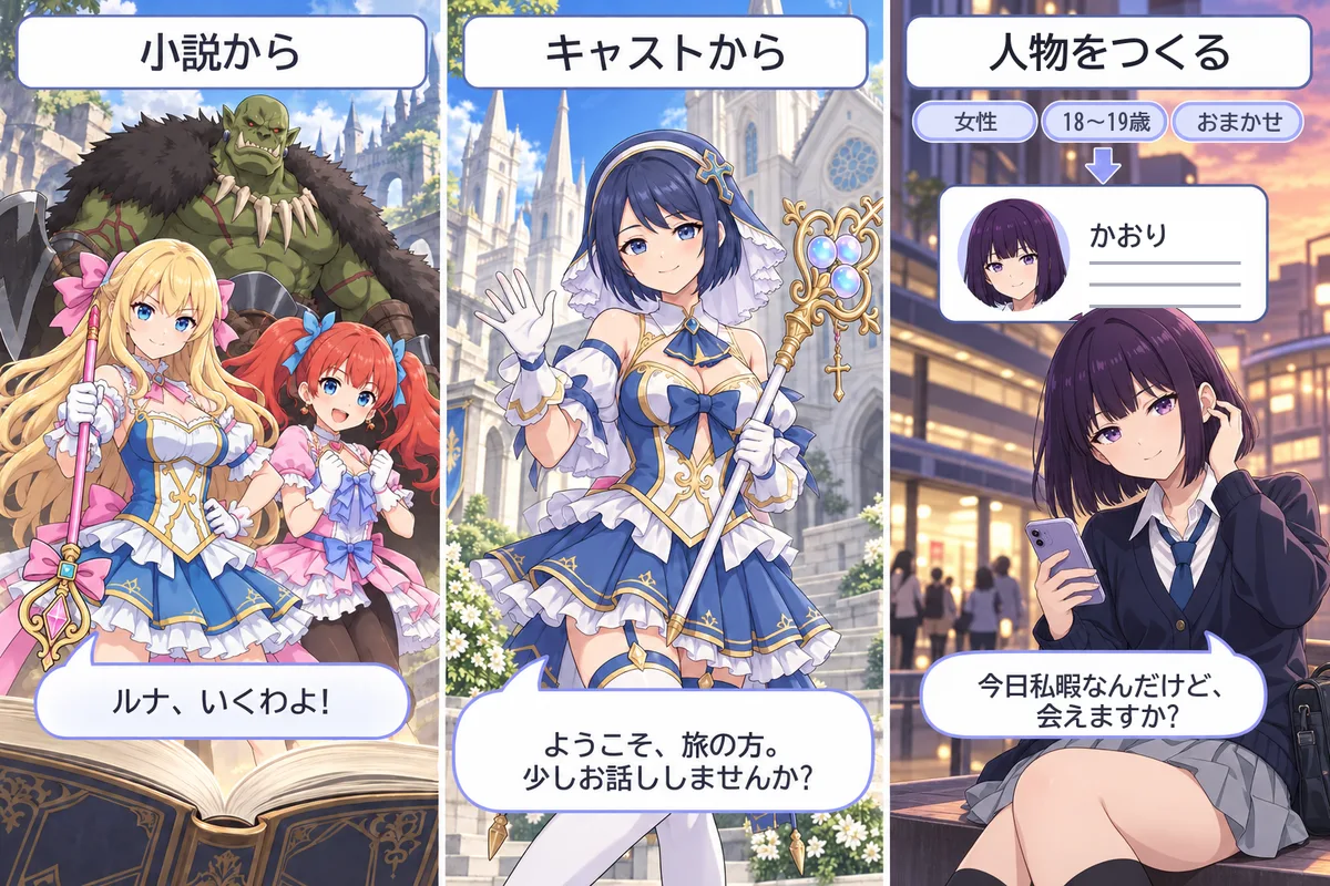 チャットの入口 3 つ。小説から(変身ヒロインの原作)、キャストから(ファンタジーのヒロイン)、人物をつくる(条件のチップから出てきた人物)