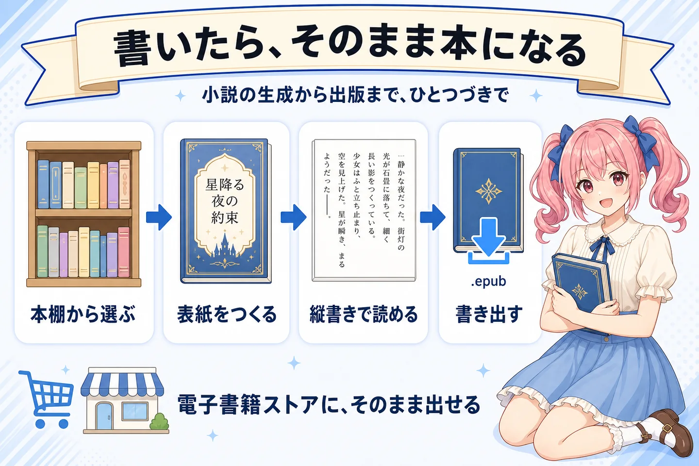 本棚から作品を選び、表紙をつくり、縦書きで読めるようにして、EPUB として書き出すまでの 4 つの流れ