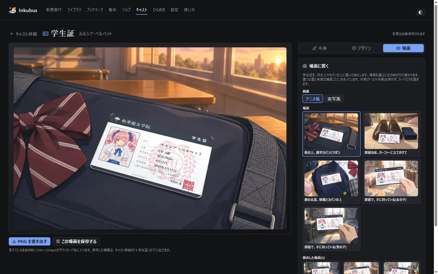 場面のタブ。左に夕方の教室でカバンの上に置かれた学生証の絵、右に画風の切り替えと 5 つの場面の見本が並ぶ