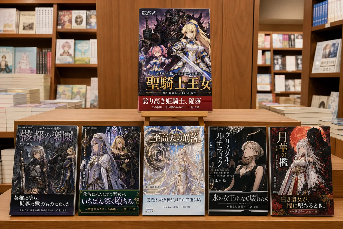 本屋の平台に並ぶ作品案。上段が原作（種）、下段は『ひらめき』が広げた作品案で、左ほど原作に似て、右ほどかけ離れていく