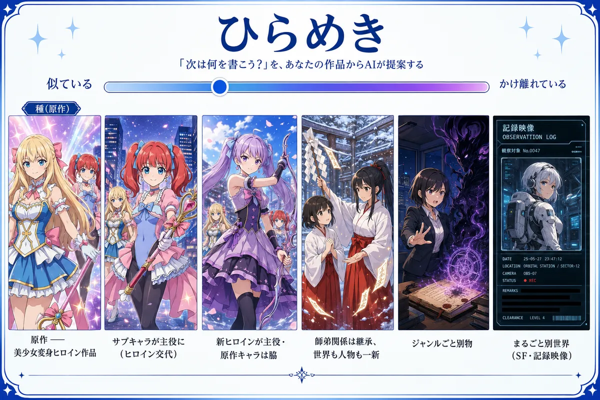 ひらめき ── 自分の作品を種に、AI が『似ている』から『かけ離れ』まで次の一作の案を出す（全5段の振れ幅）